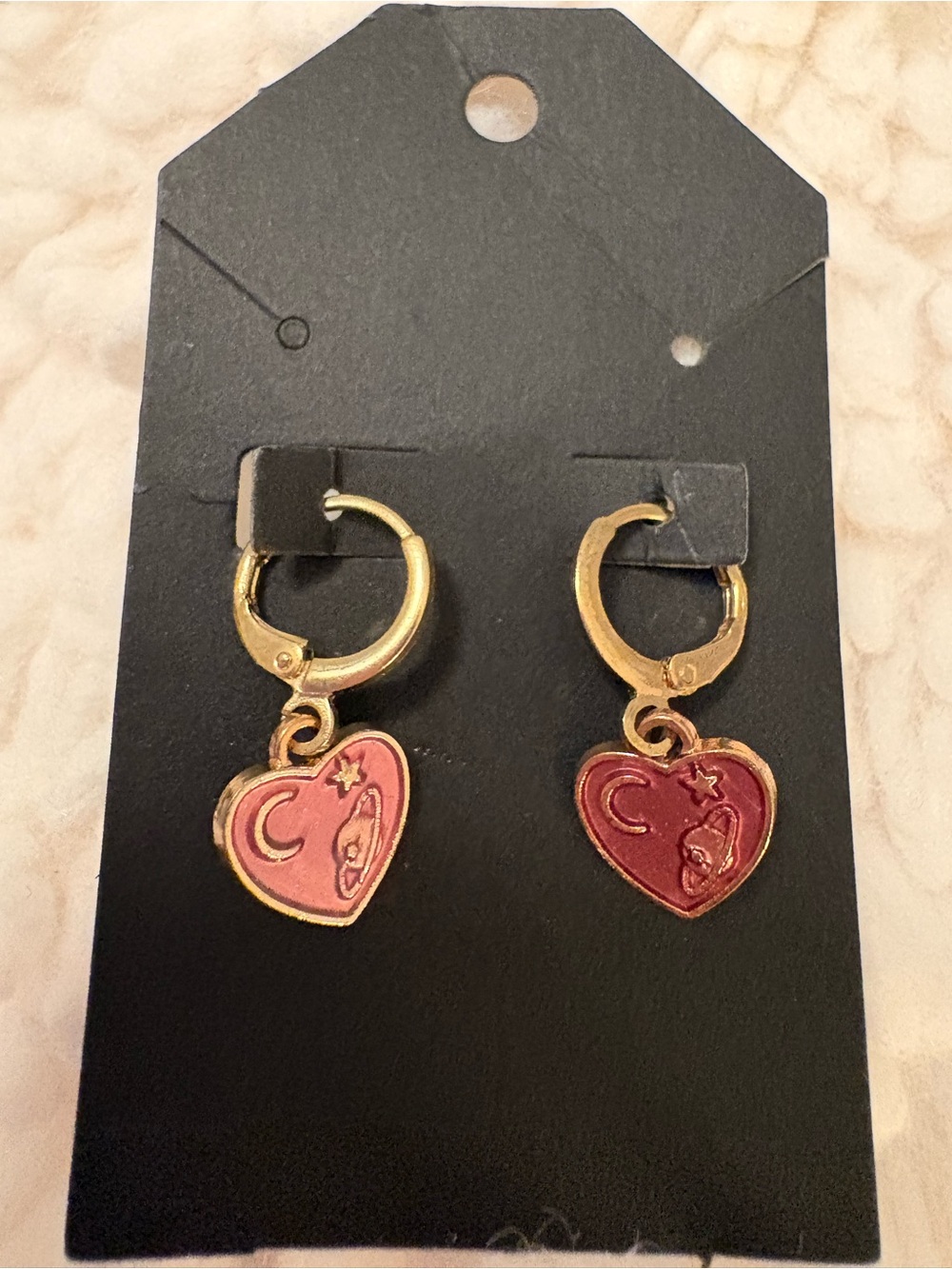 Gold Plated Red Celestial Heart Huggie Hoop Earrings | Moon & Saturn Charm